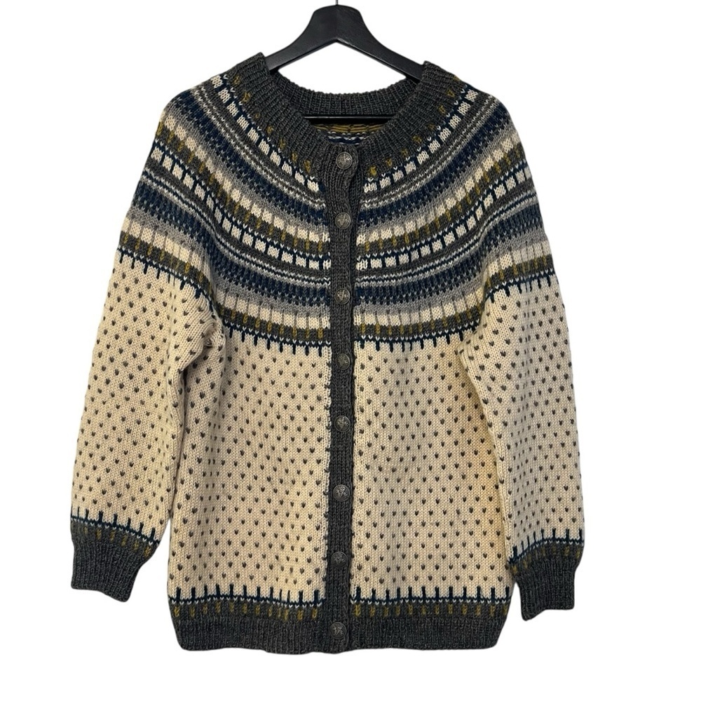 Vintage Norwegian Hand Knit Fair Isle Cardigan Cream Blue Medium Cozy Cottage